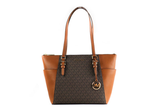 Michael Kors Charlotte Signature Leather Large Top Zip Tote Handtasche Tasche (Braun)