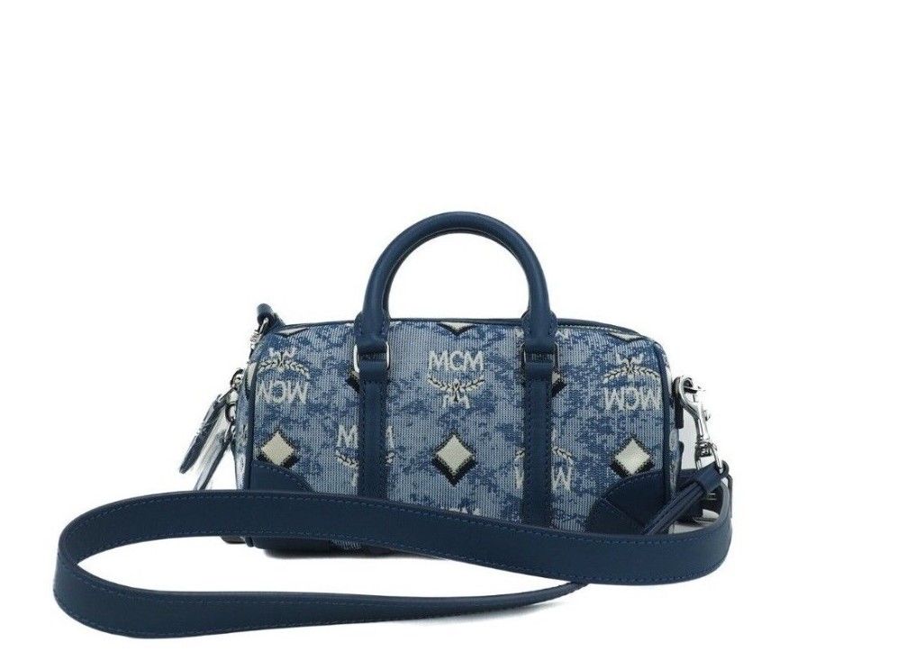 MCM Boston Mini Blue Vintage Jacquard Logo Fabric Satchel Crossbody Handtasche