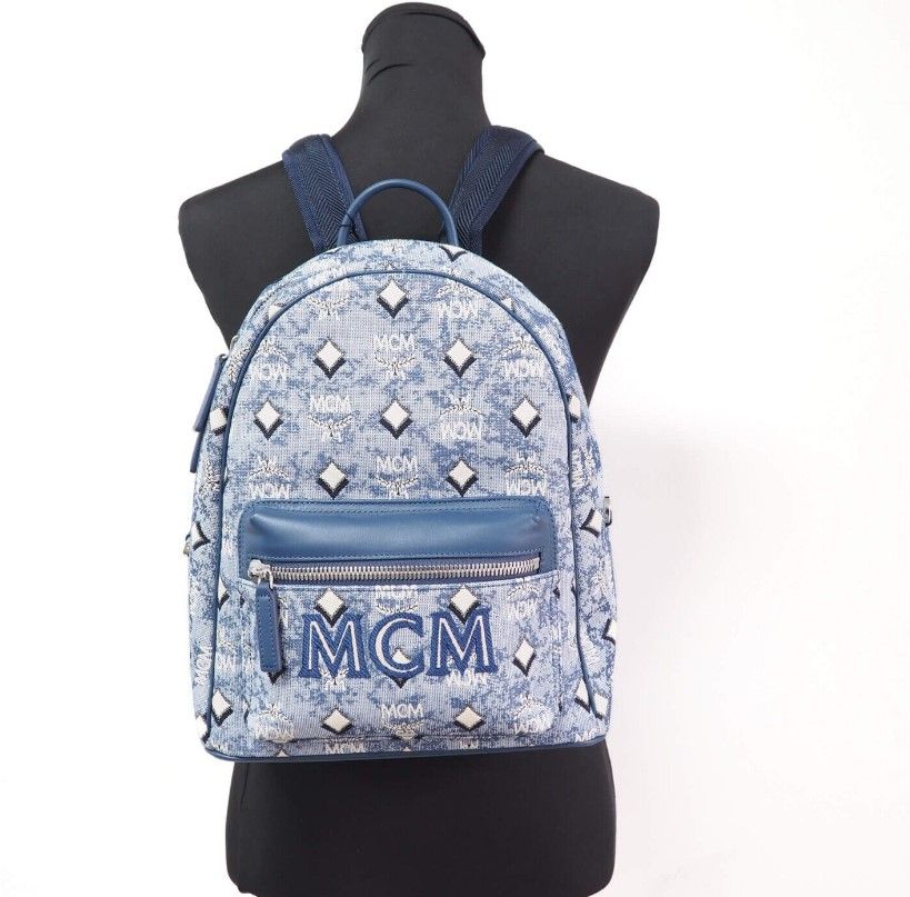 MCM Stark Klein Blau Vintage Jacquard Monogramm Logo Stoff Rucksack Büchertasche