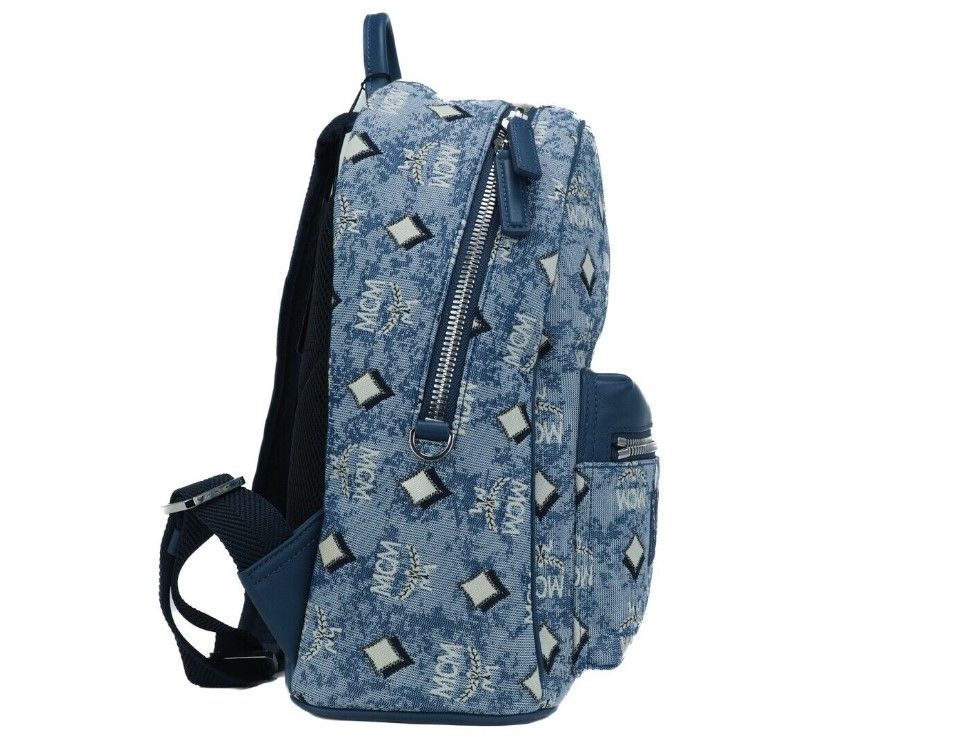 MCM Stark Klein Blau Vintage Jacquard Monogramm Logo Stoff Rucksack Büchertasche