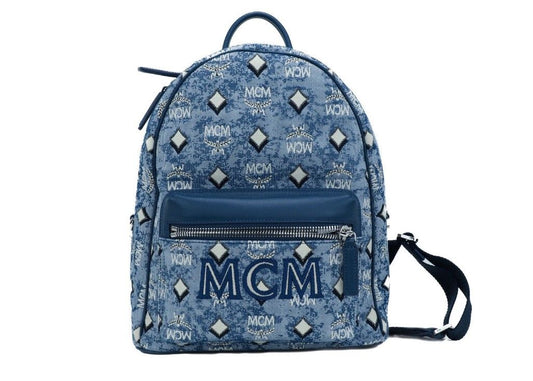 MCM Stark Klein Blau Vintage Jacquard Monogramm Logo Stoff Rucksack Büchertasche