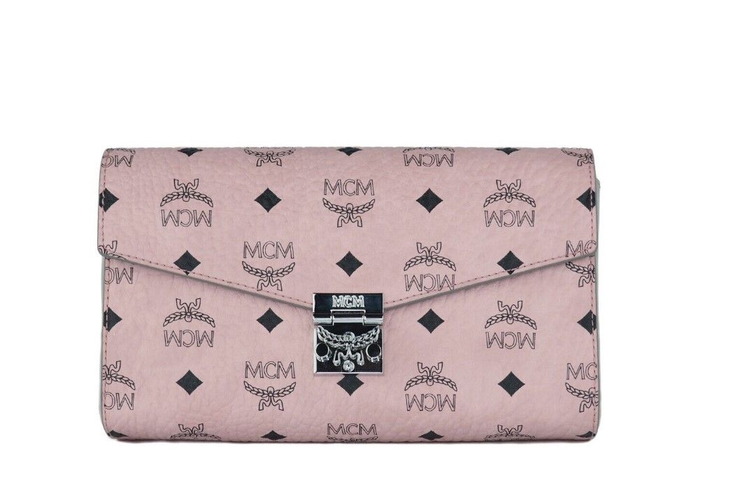 MCM Medium Soft Pink Signature Diamond Logo Leder Clutch Crossbody Handtasche