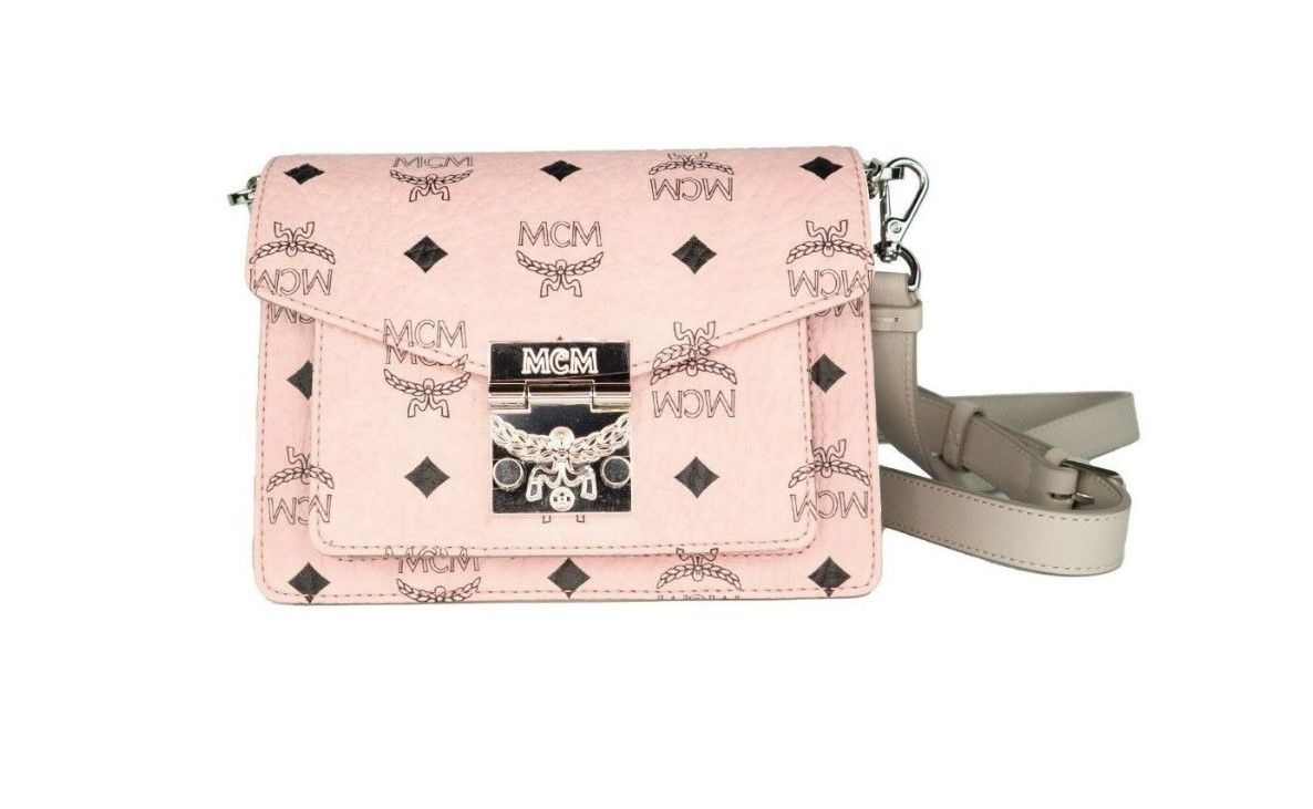 MCM Signature Soft Pink Diamond Logo Leder Mini Flap Lock Crossbody Handtasche