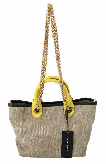 Dolce & Gabbana Beigefarbene Leinen-Calf-Tasche mit Goldkette