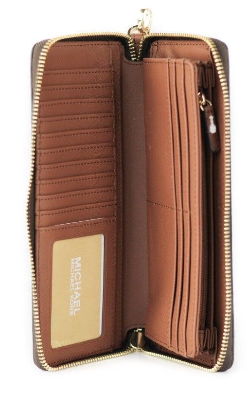 Michael Kors Jet Set Travel Großes Braunes Signature Continental Wristlet Portemonnaie