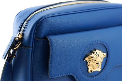 Versace Elegante Kameratasche aus blauem Kalbsleder