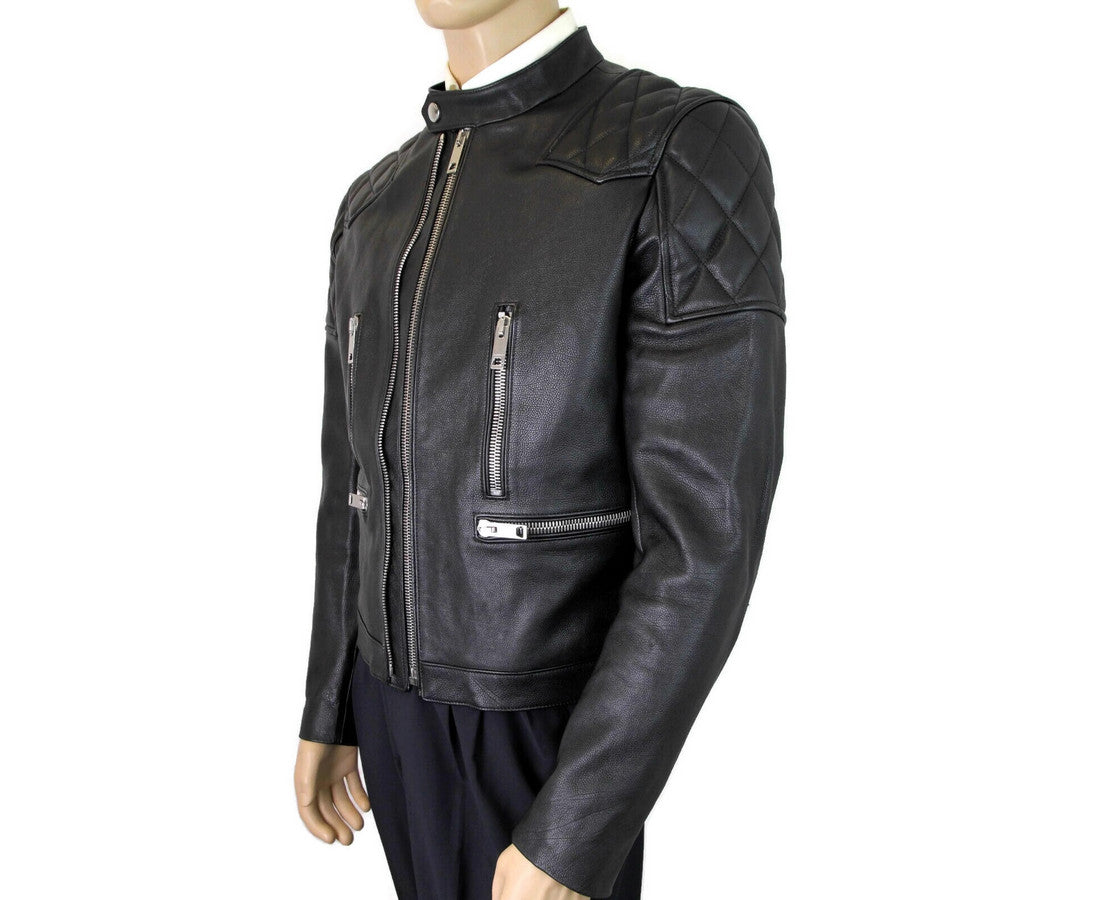 Burberry Herren Schwarz Leder Diamant gesteppte Biker Jacke