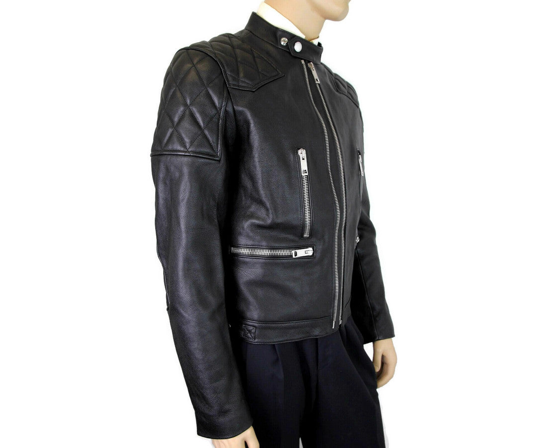 Burberry Herren Schwarz Leder Diamant gesteppte Biker Jacke