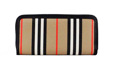 Burberry Ellerby Schwarzes Leder Icon Stripe Canvas Zip um Continental Wallet