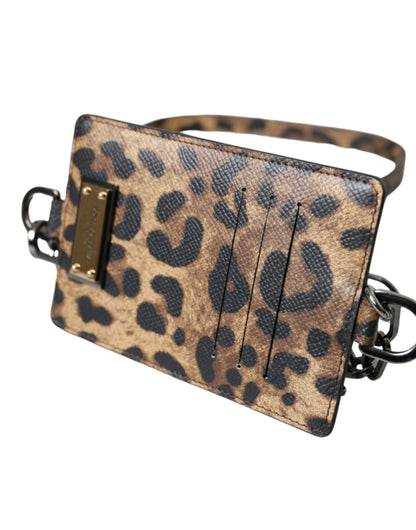 Dolce & Gabbana Braunes Leder Leopardendruck Logo Plaque Karteninhaber Brieftasche