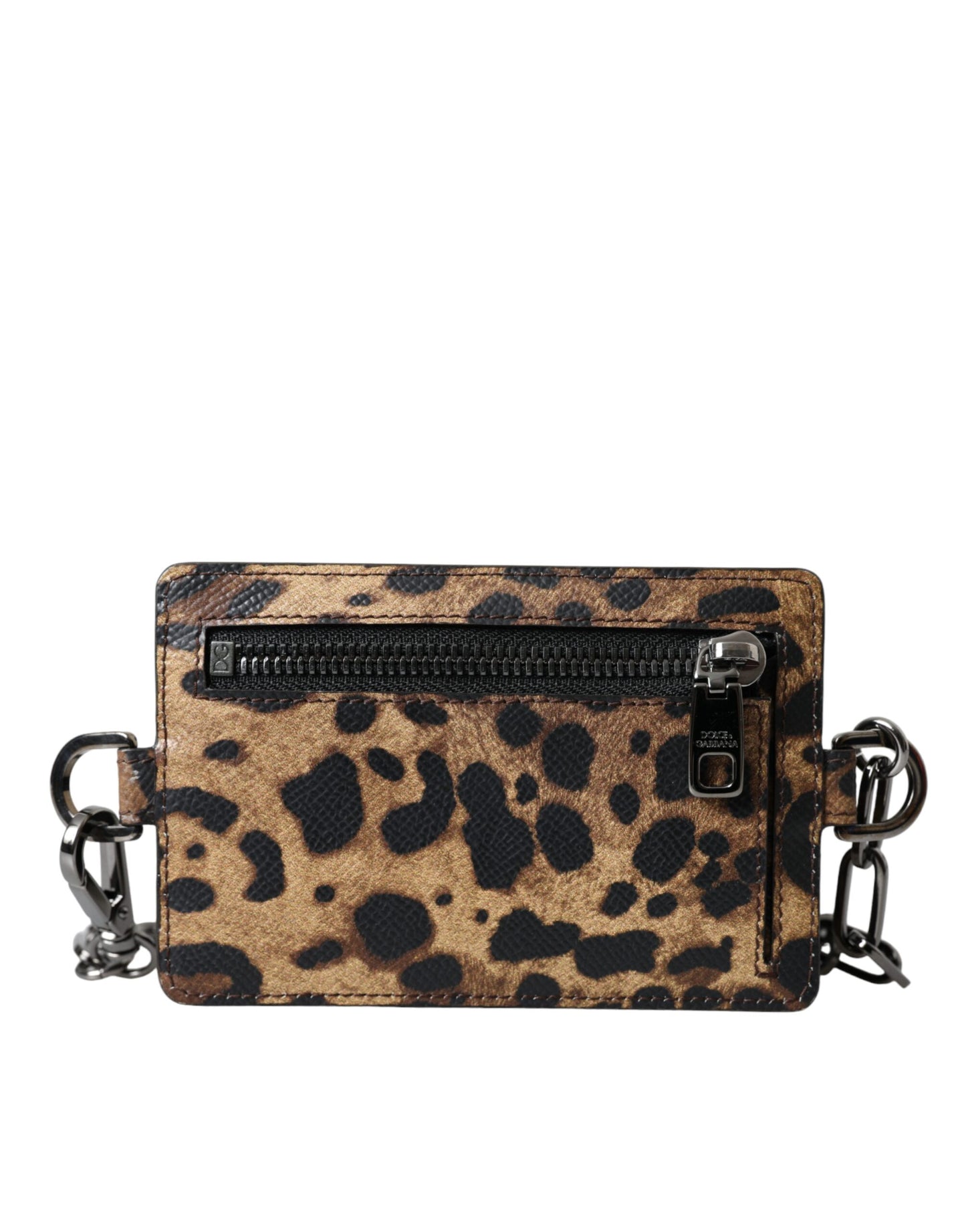 Dolce & Gabbana Braunes Leder Leopardendruck Logo Plaque Karteninhaber Brieftasche