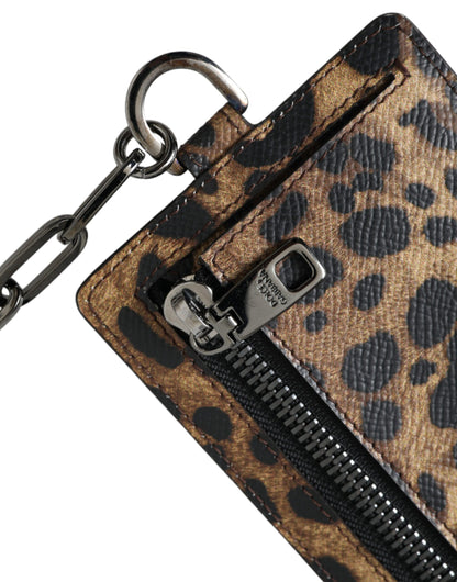 Dolce & Gabbana Braunes Leder Leopardendruck Logo Plaque Karteninhaber Brieftasche