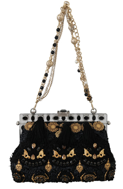 Dolce & Gabbana Schwarze Quaste Gold Barock Kristall Abend Clutch